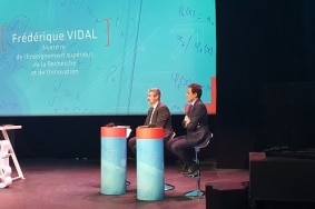 Hier soir, Bruno Sportisse, PDG d’Inria et Cédric O, Secrétaire d’Etat chargé du Numérique, sur la scène de la Gaîté Lyrique, en présence également dans la salle de Frédérique Vidal, ministre de l'Enseignement supérieur, de la Recherche et de l'Innovation.